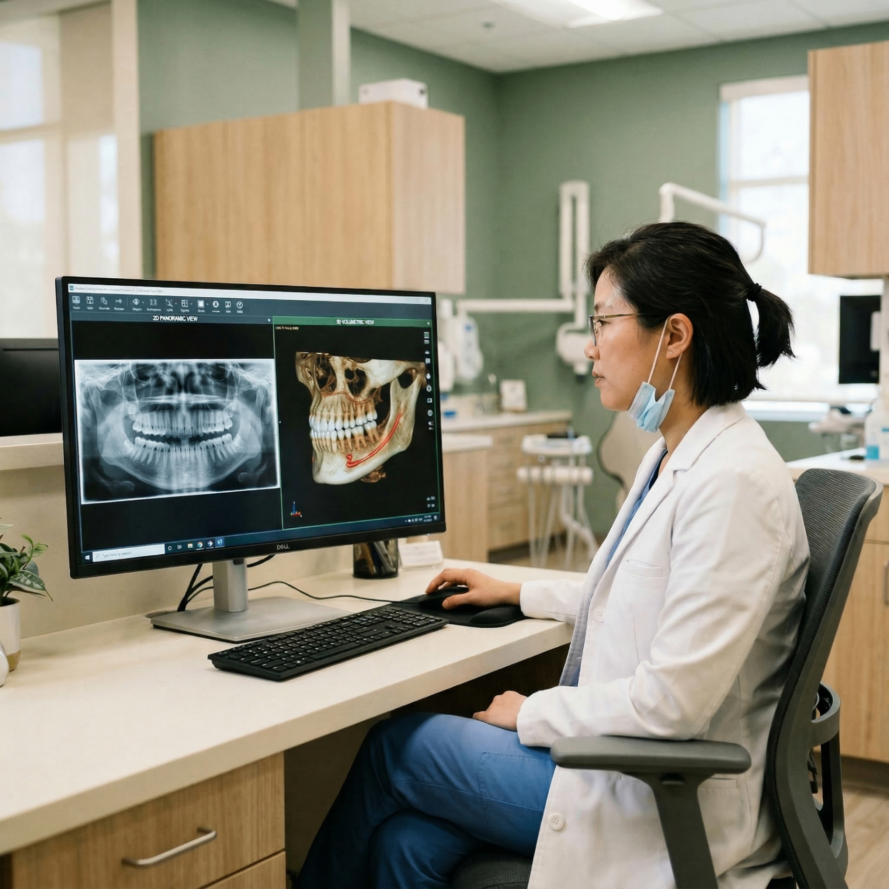 Dental professional comparing 2D panoramic X-ray with 3D volumetric CBCT scan on a monitor