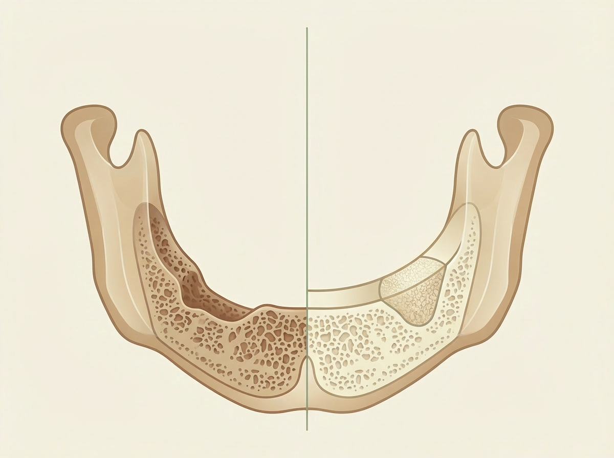 Medical illustration showing jawbone before and after bone grafting