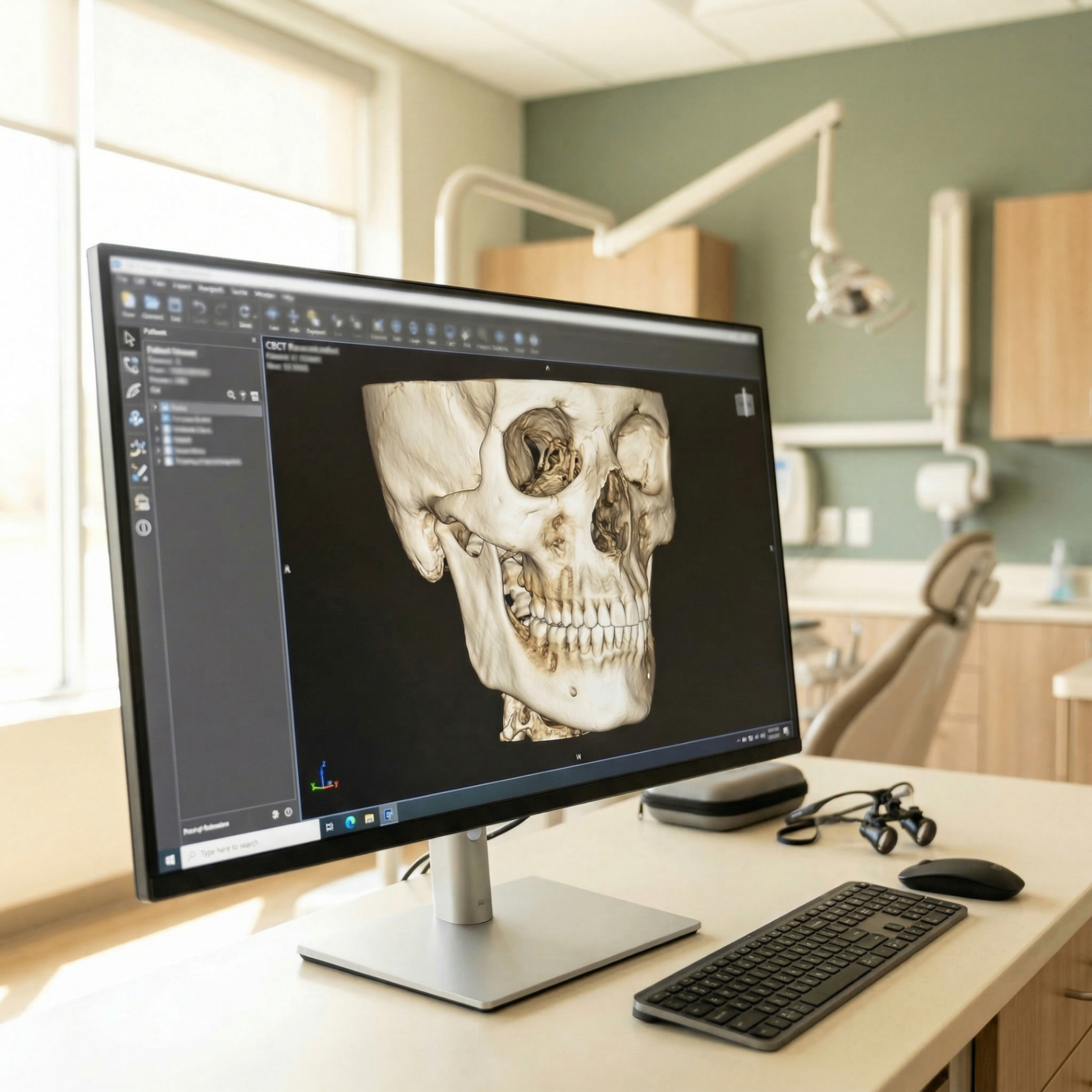 CBCT 3D imaging scan displayed on a monitor in a dental office