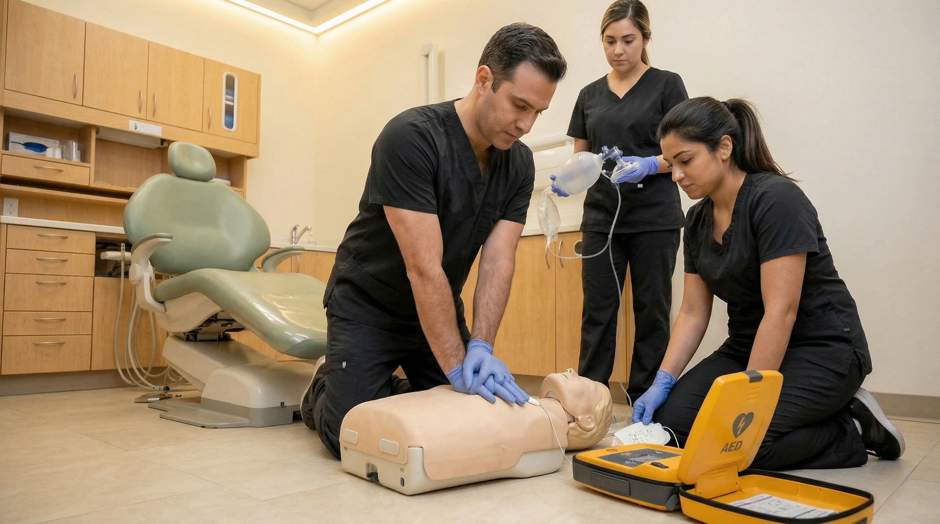 Oral surgery team practicing CPR and emergency response training with AED equipment in a dental office