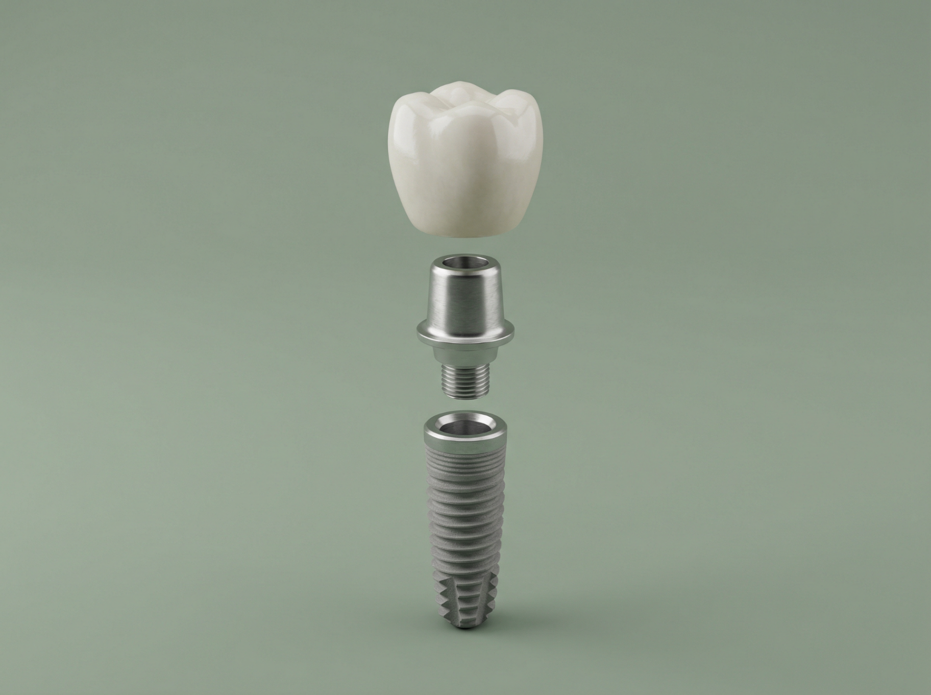 3D render of an exploded view dental implant showing titanium screw, abutment, and porcelain crown