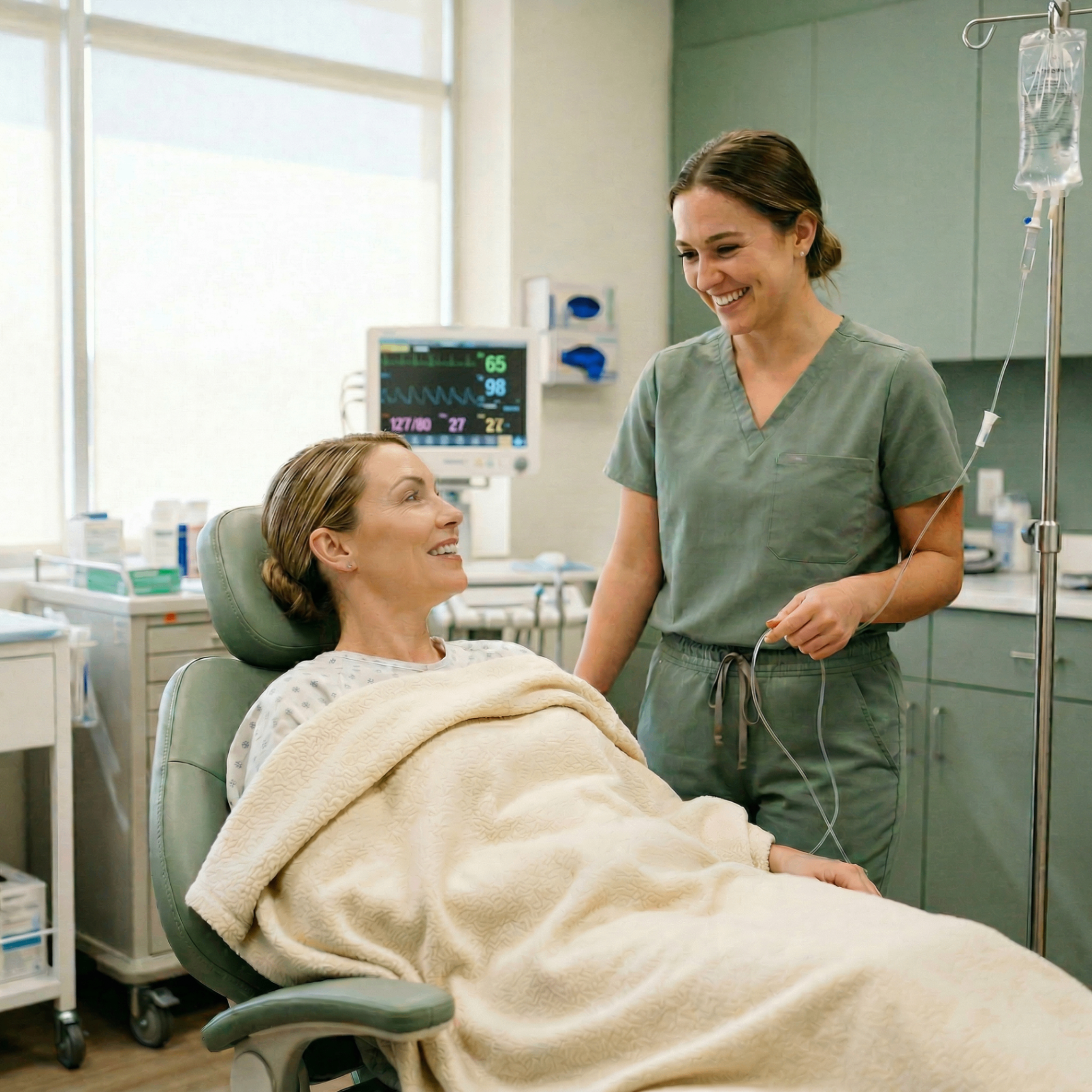 Patient comfortably receiving IV sedation with nurse monitoring