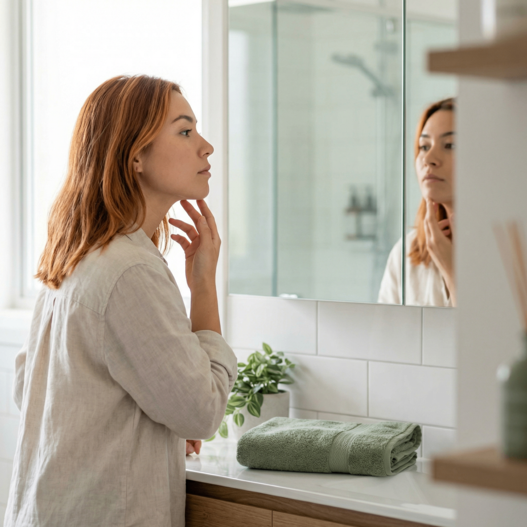 Patient examining jaw alignment in mirror