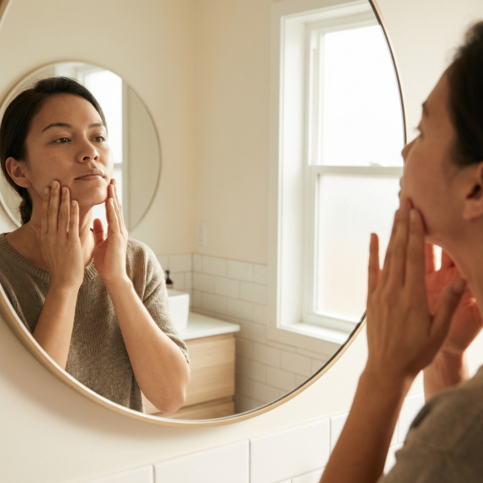 Woman performing an oral self-examination in front of a mirror
