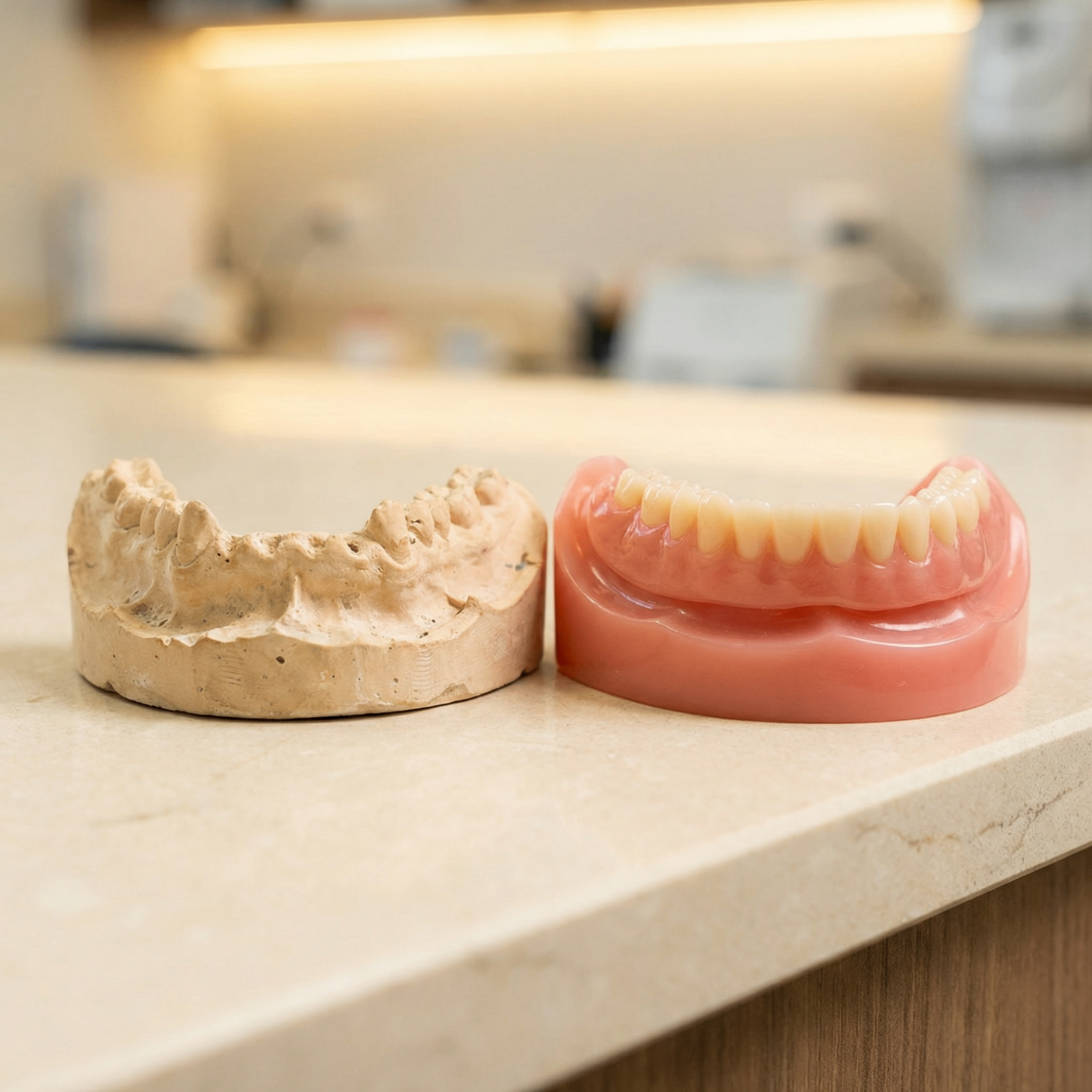 Dental stone model next to a finished denture prosthesis showing the pre-prosthetic preparation process